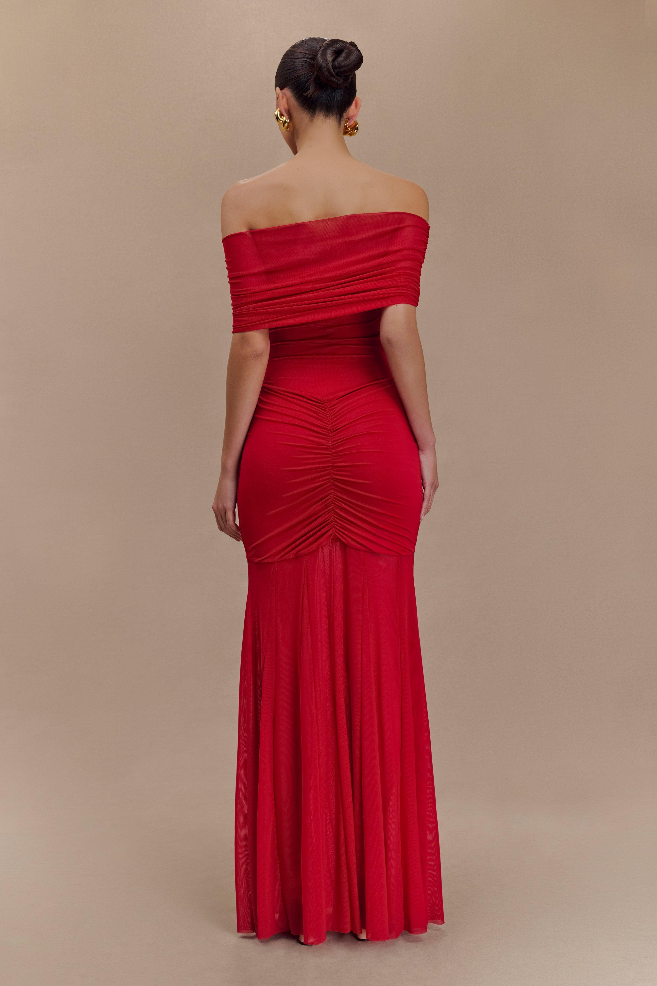 Caspian Slinky And Mesh Off Shoulder Maxi Dress - Ruby Product Image