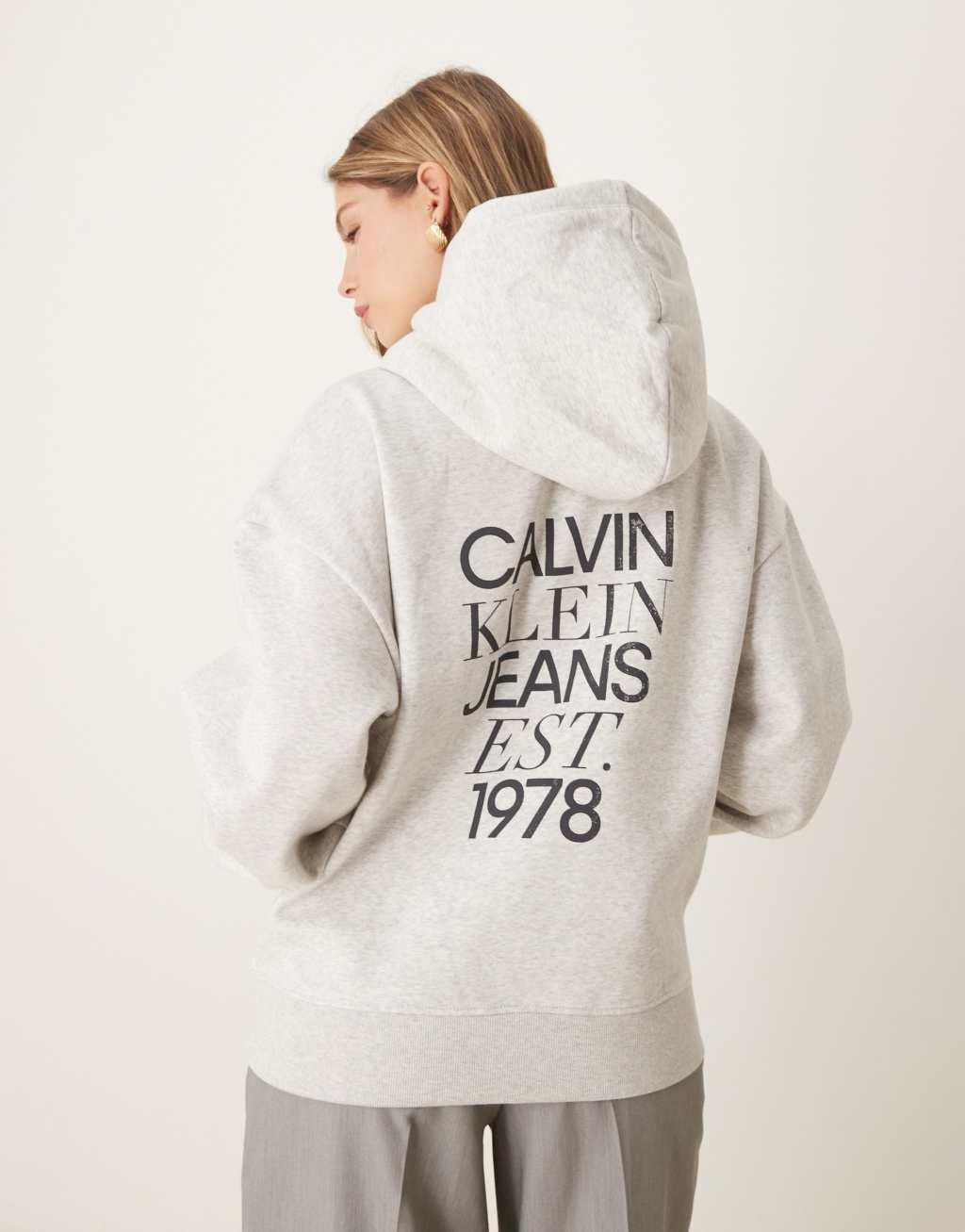 Calvin Klein Jeans relaxed back print hoodie in gray Product Image