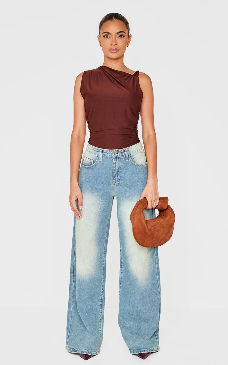 Chocolate Slinky Ruched Twist Strap Detail Long Top Product Image