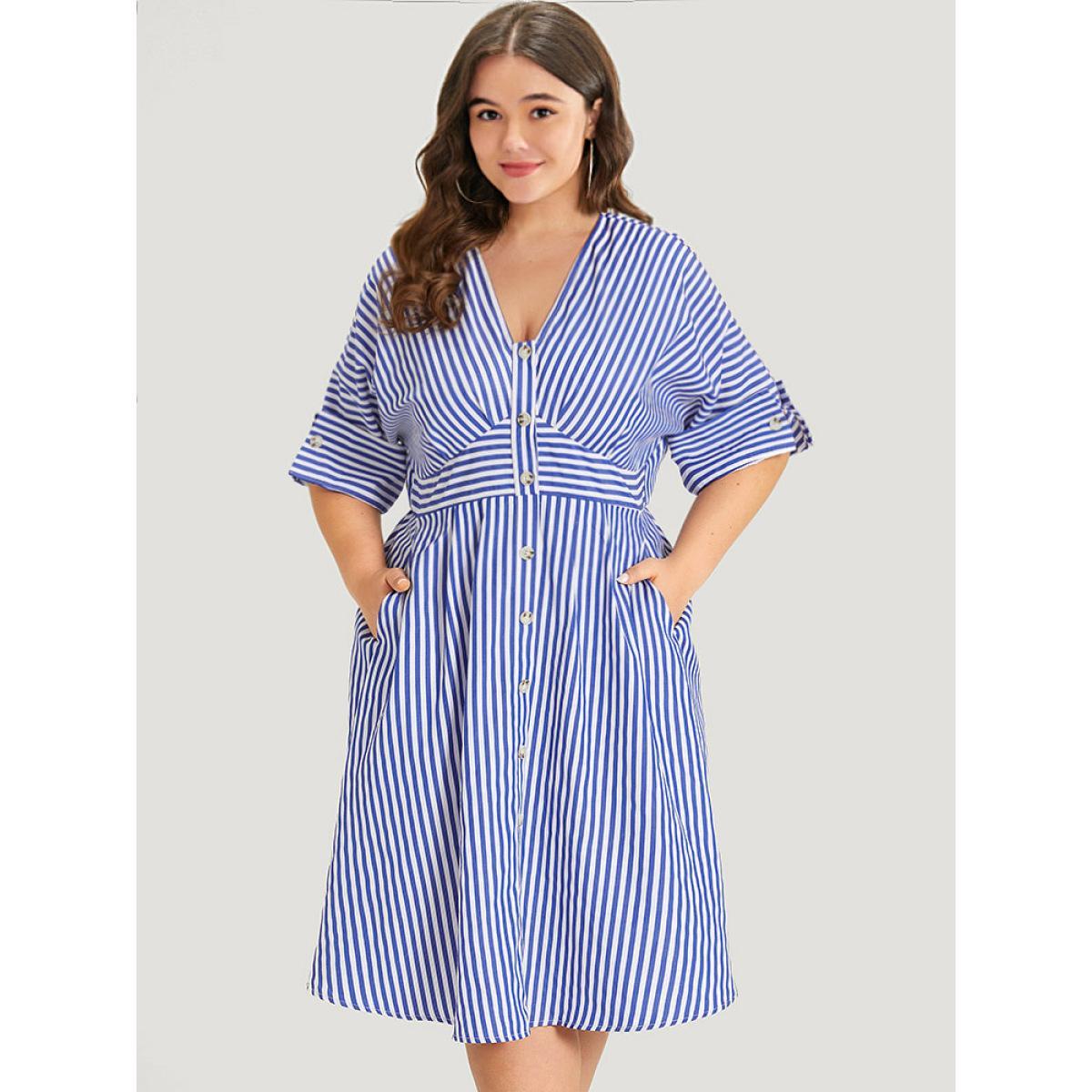 Plus Size V Neck Striped Pocket Ruffle Hem Button Detail Dress Blue Women Elegant Texture V-neck Half Sleeve Curvy Midi Dress BloomChic 18-20/2X Product Image