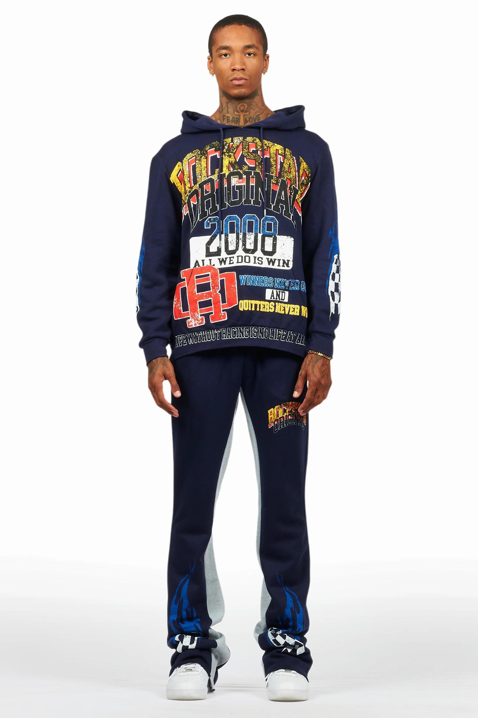 Colorful Race Navy Hoodie/Baggy Track Pant Set Male Product Image