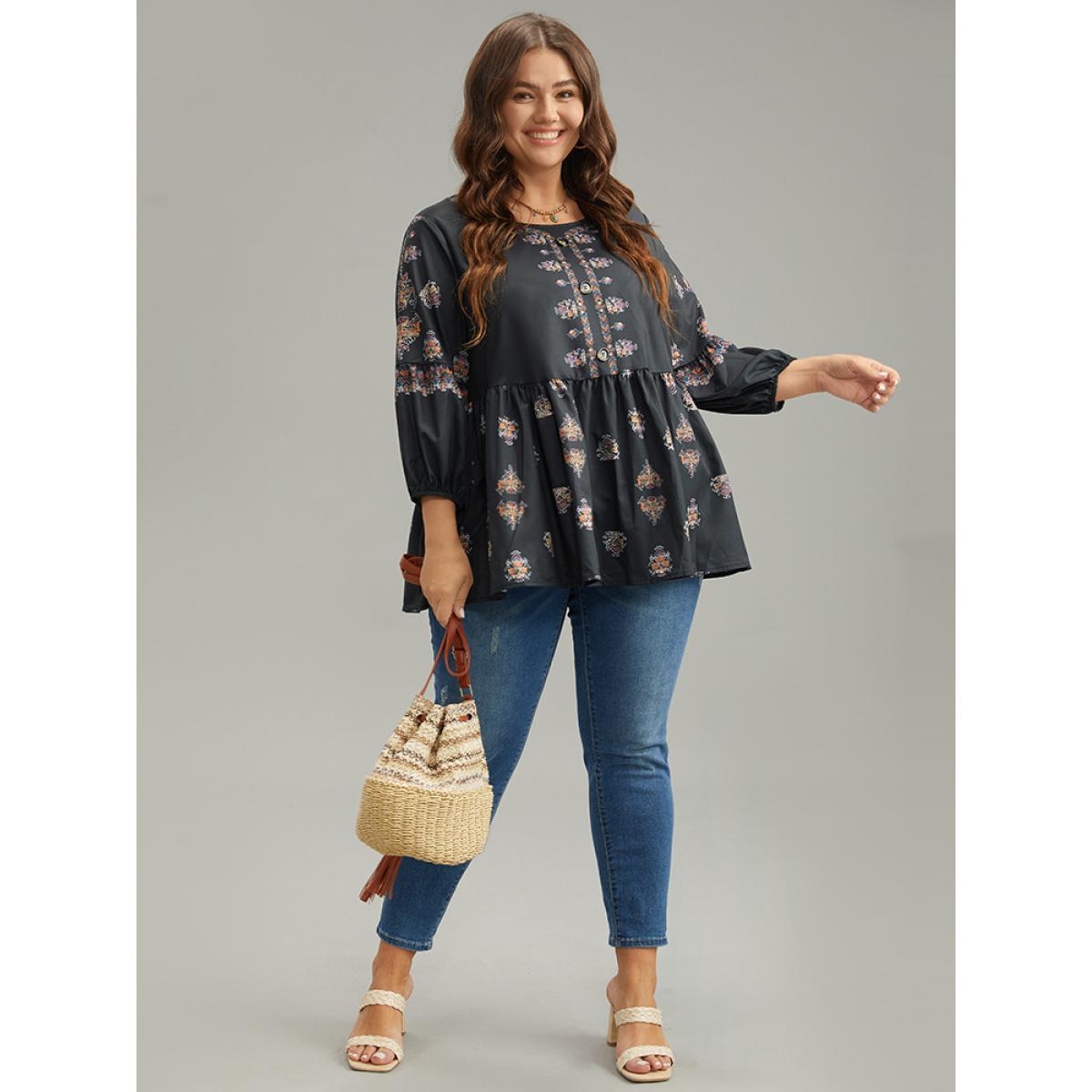 Plus Size Black Boho Print Lantern Sleeve Button Detail Blouse Women Vacation Elbow-length sleeve Round Neck Vacation Blouses BloomChic 14-16/1X Product Image