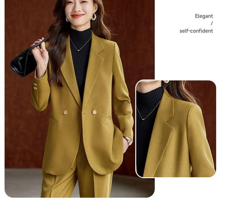 Lapel Collar Plain Double Breasted Blazer / Mid Waist Plain Wide Leg Slacks / Set Product Image