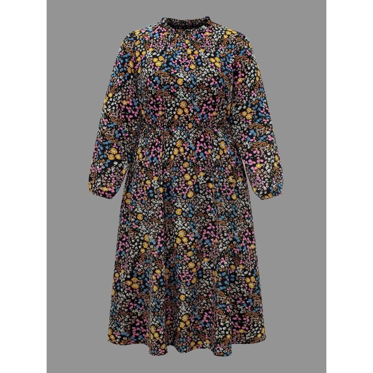 Plus Size Floral Ruffles Mock Neck Elastic Waist Midi Dress BlackFlower Women Elegant Frill Trim Mock Neck Long Sleeve Curvy BloomChic 12/L Product Image