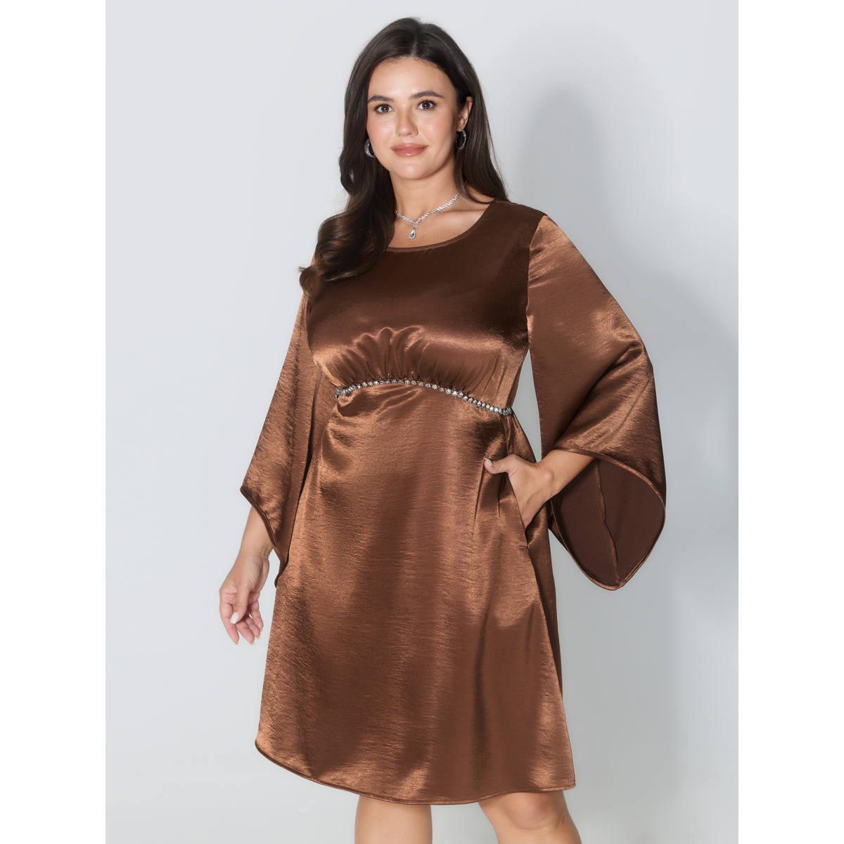 Plus Size Flared Sleeve Metal Detail Waistline Mini Dress Yellowishbrown Women Party&Cocktail Round Neck Extra Long Sleeve Curvy BloomChic 28/5X Product Image