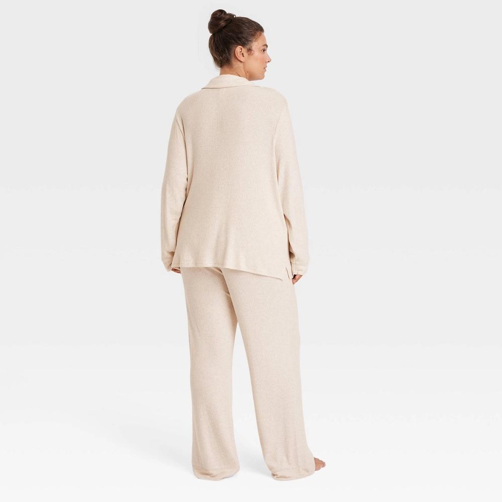 Womens Cozy Ribbed Long Sleeve Notch Collar Shirt and Pants Pajama Set - Auden Oatmeal 4X Product Image