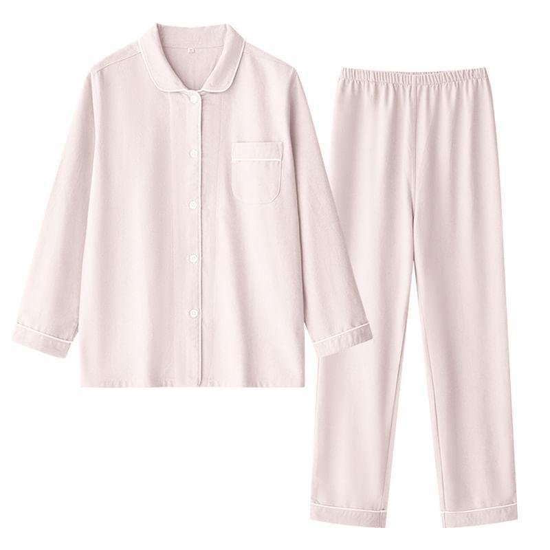 Couple Matching Pajama Set: Long-Sleeve Button-Up Top + Pants (Various Designs) Product Image