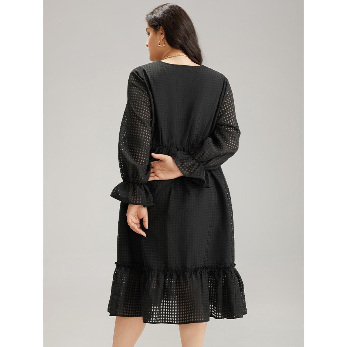 Plus Size Solid Pocket Mesh Frill Trim Dress Black Women Elegant See through V-neck Long Sleeve Curvy Midi Dress BloomChic 22-24/3X Product Image