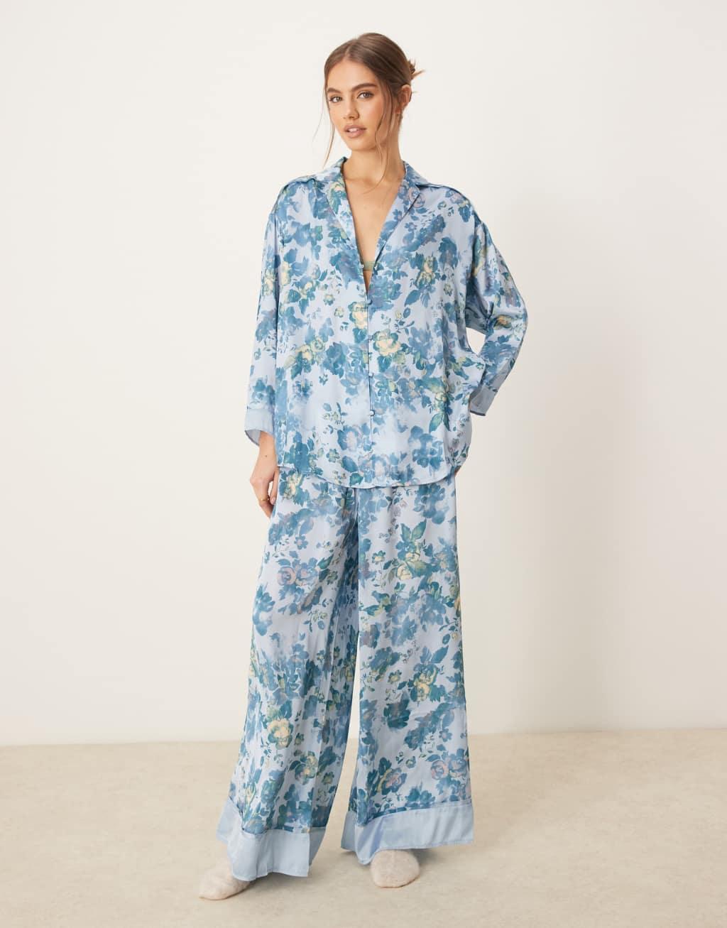 Free People dreamy days printed silk pajama set in light blue Product Image