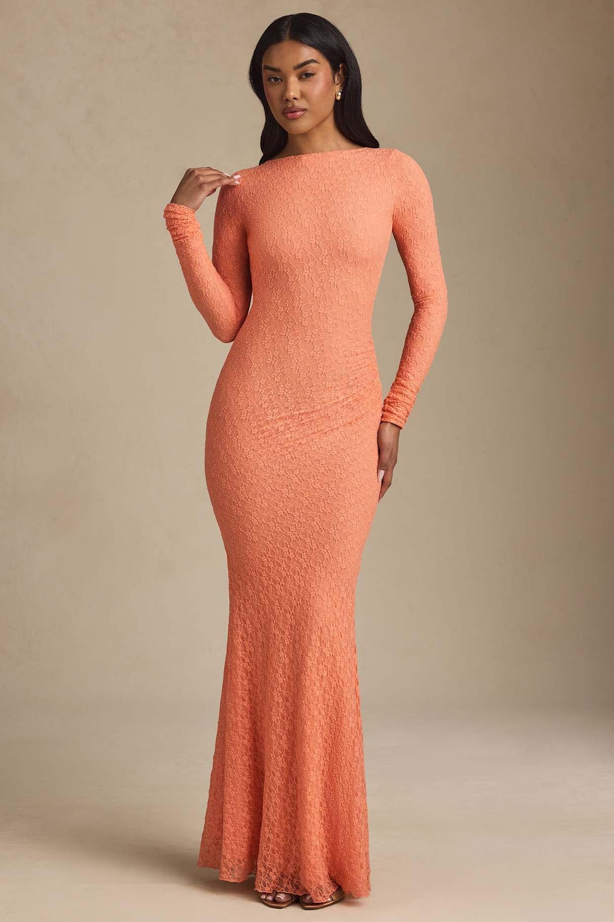 Ruched Backless Lace Maxi Dress in Peach Product Image