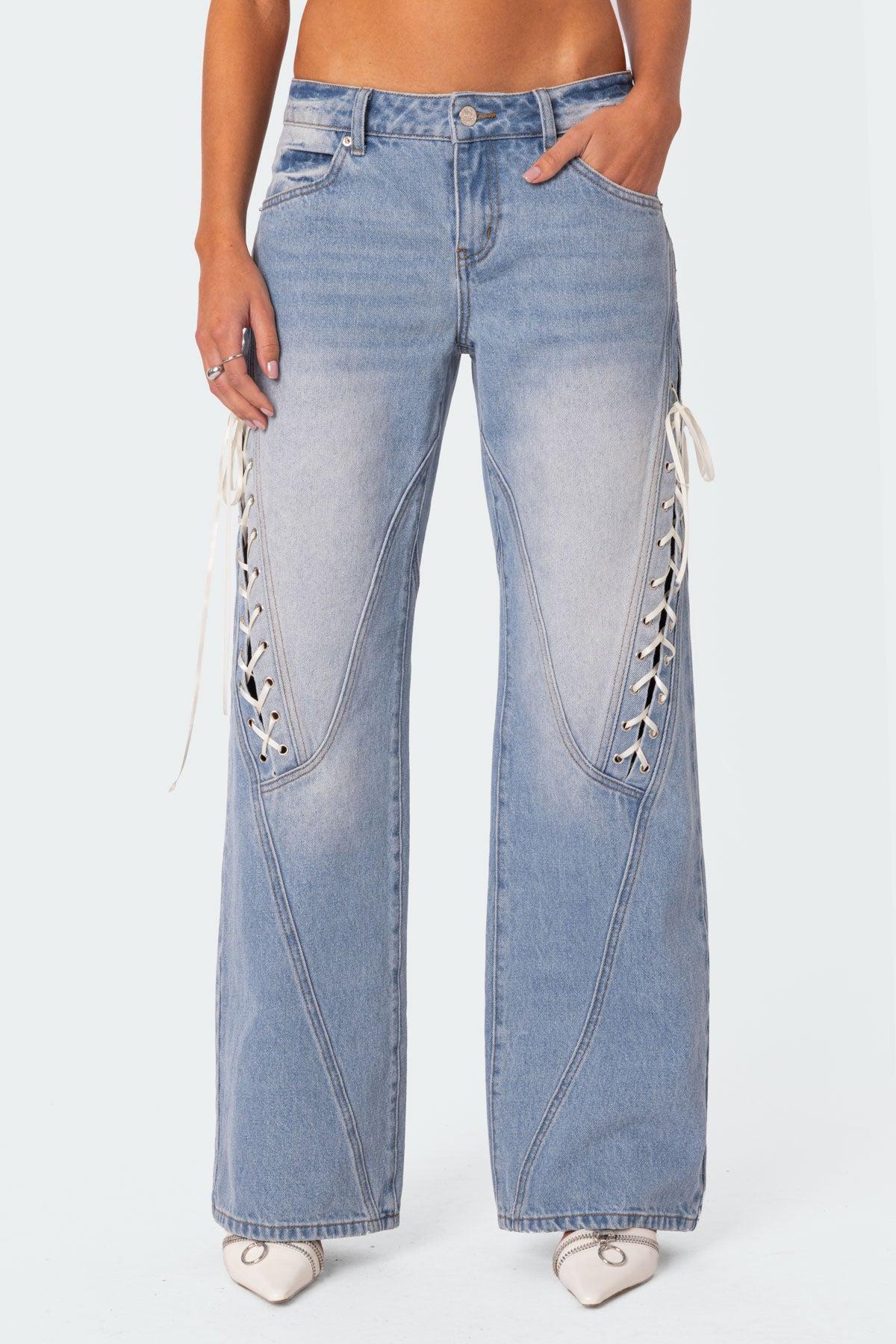 Ribbon Lace Up Low Rise Baggy Jeans Product Image