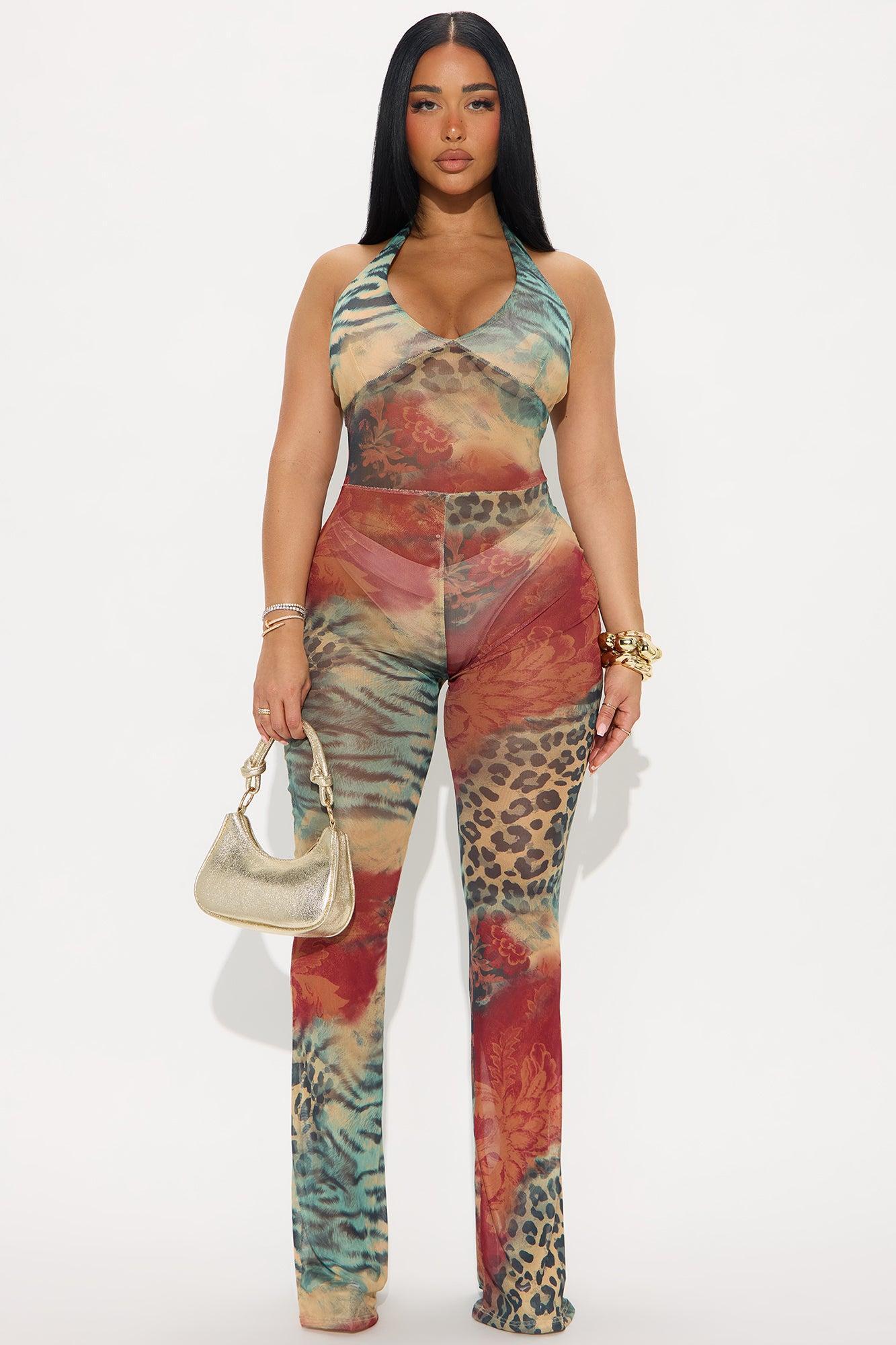 Golden Sunset Mesh Halter Jumpsuit - Rust/combo Female Product Image