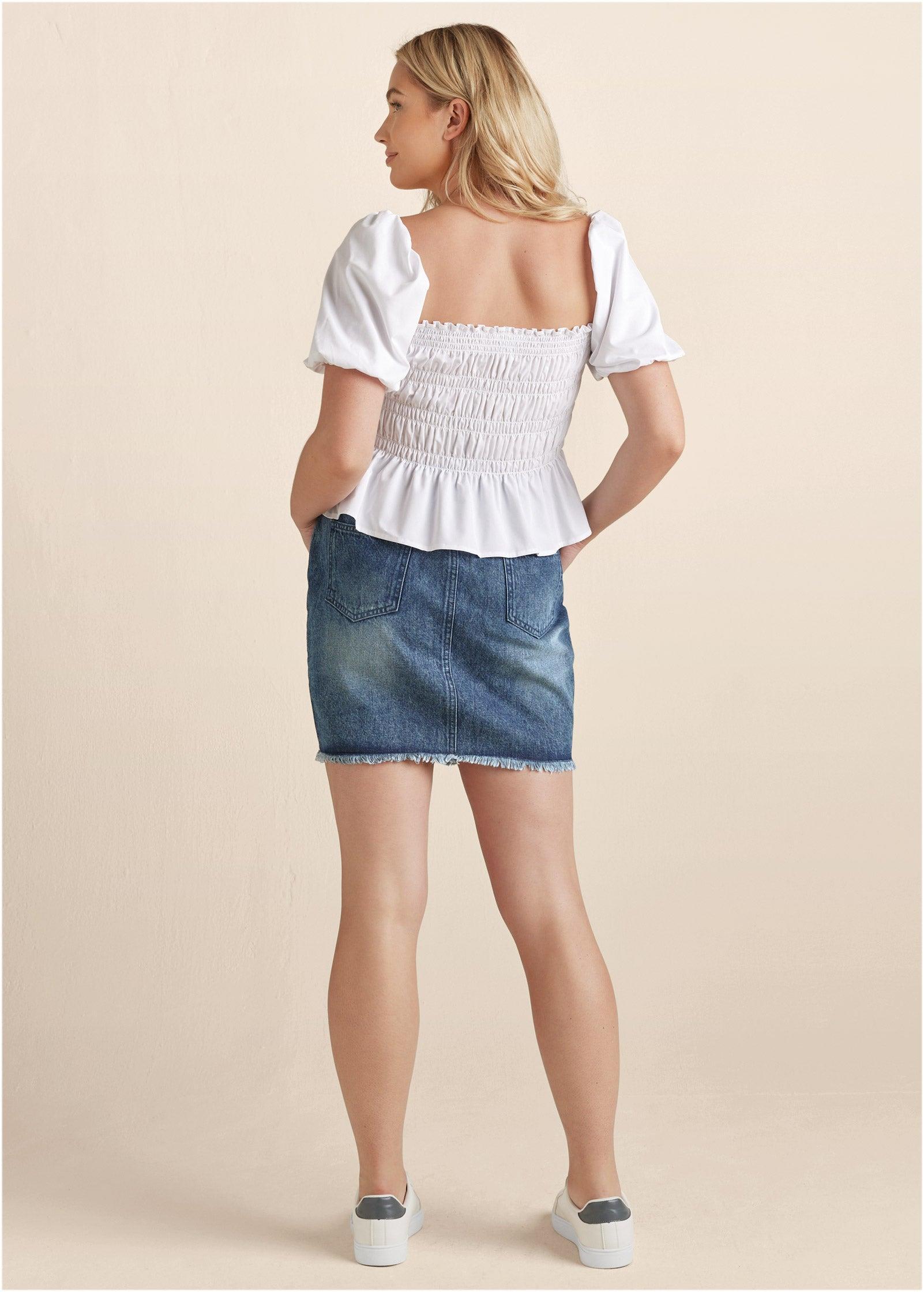 Smocked Puff Sleeve Top - White Product Image