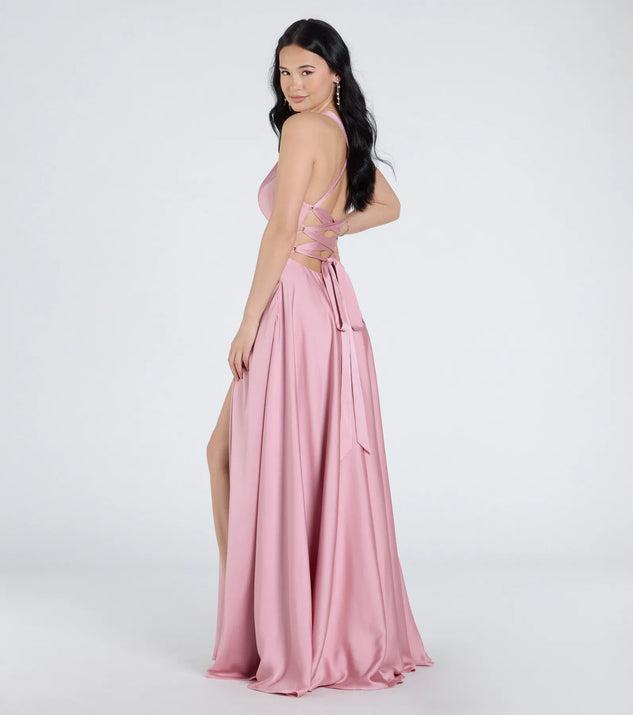 Abbey Lace-Up Slit A-Line Satin Formal Dress Product Image