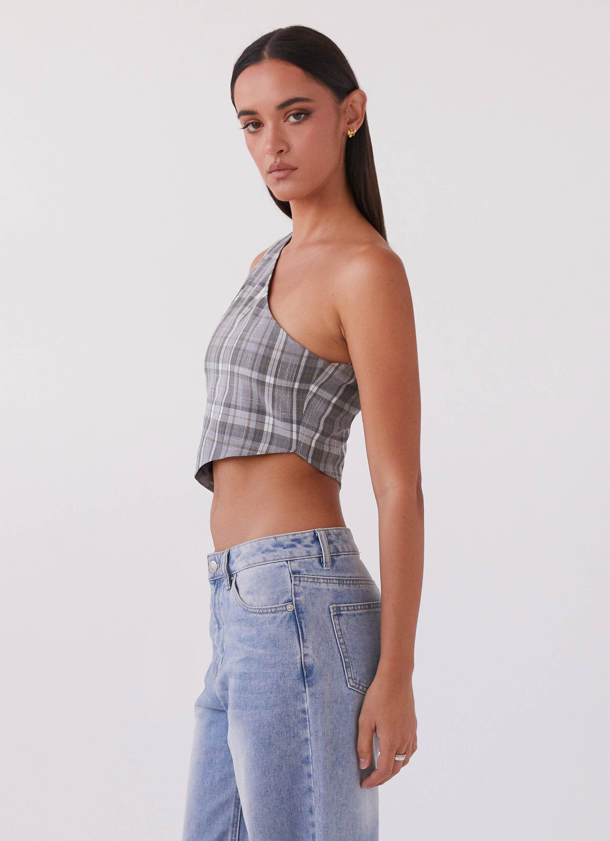 Got Me Started One Shoulder Top - Grey Plaid Product Image