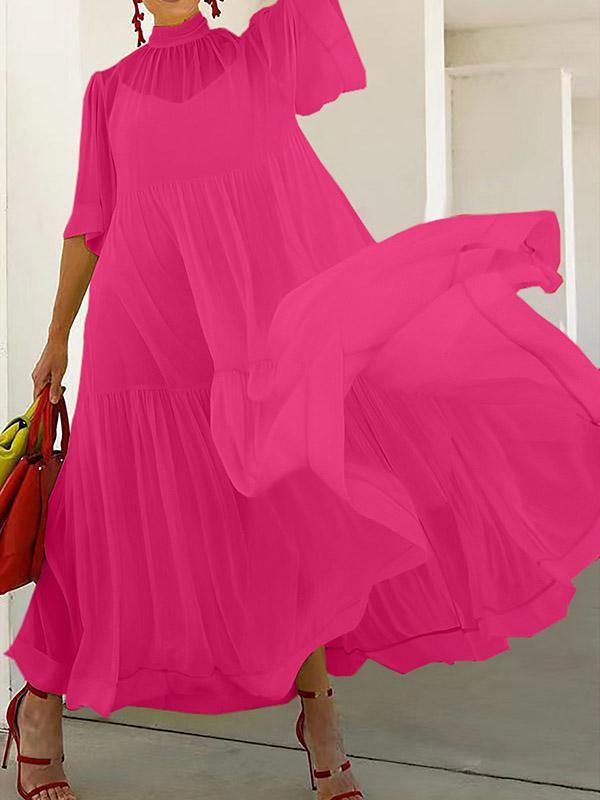 Loose Plus Size Solid Color Split-Joint Inner Dress + Mesh Pleated Mock Neck Outer Dress Two Pieces Set Product Image