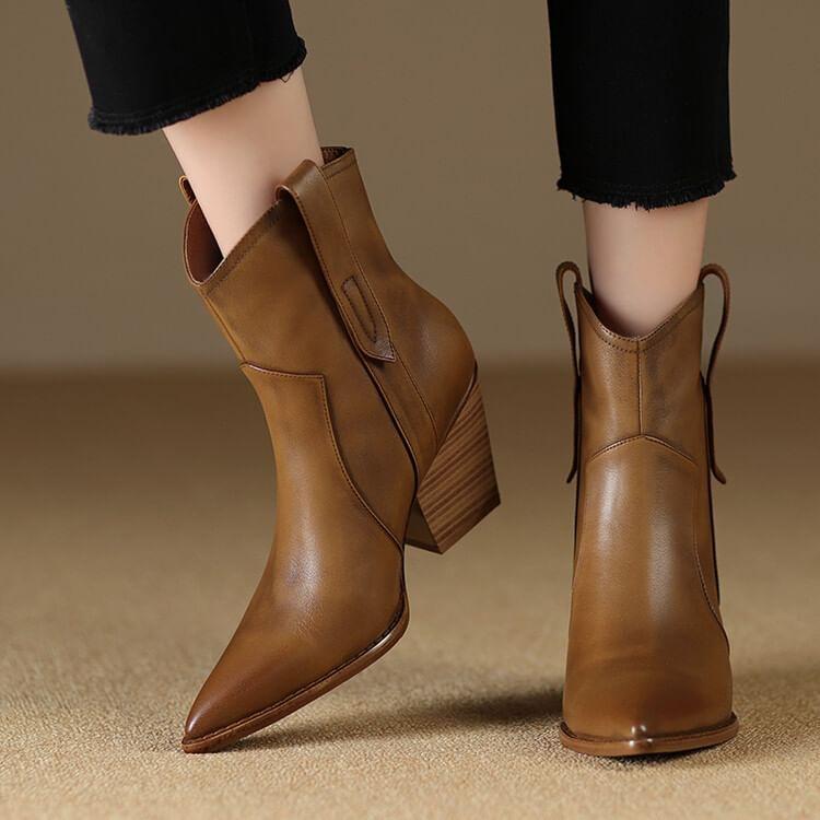 Genuine Leather Chunky Heel Short Boots Product Image