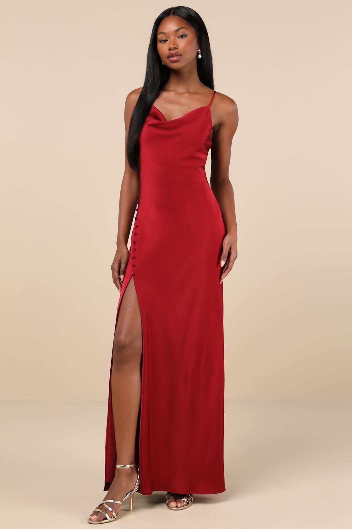 Truly a Beauty Wine Red Satin Cowl Neck Side Button Maxi Dress Product Image