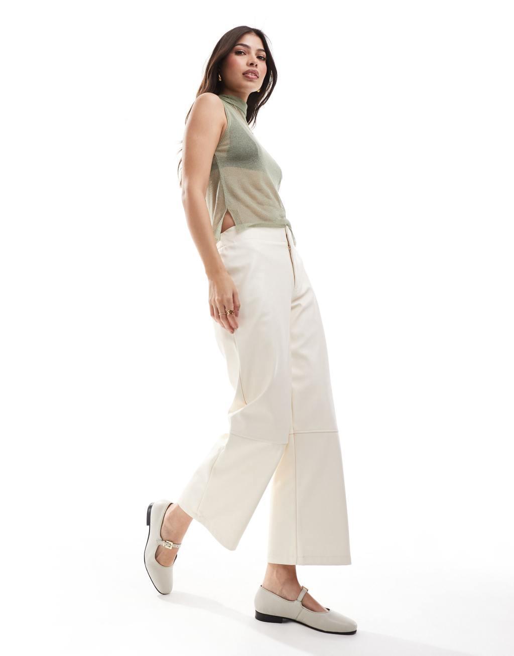 ASOS DESIGN knit sheer neck top with tie detail in sage Product Image