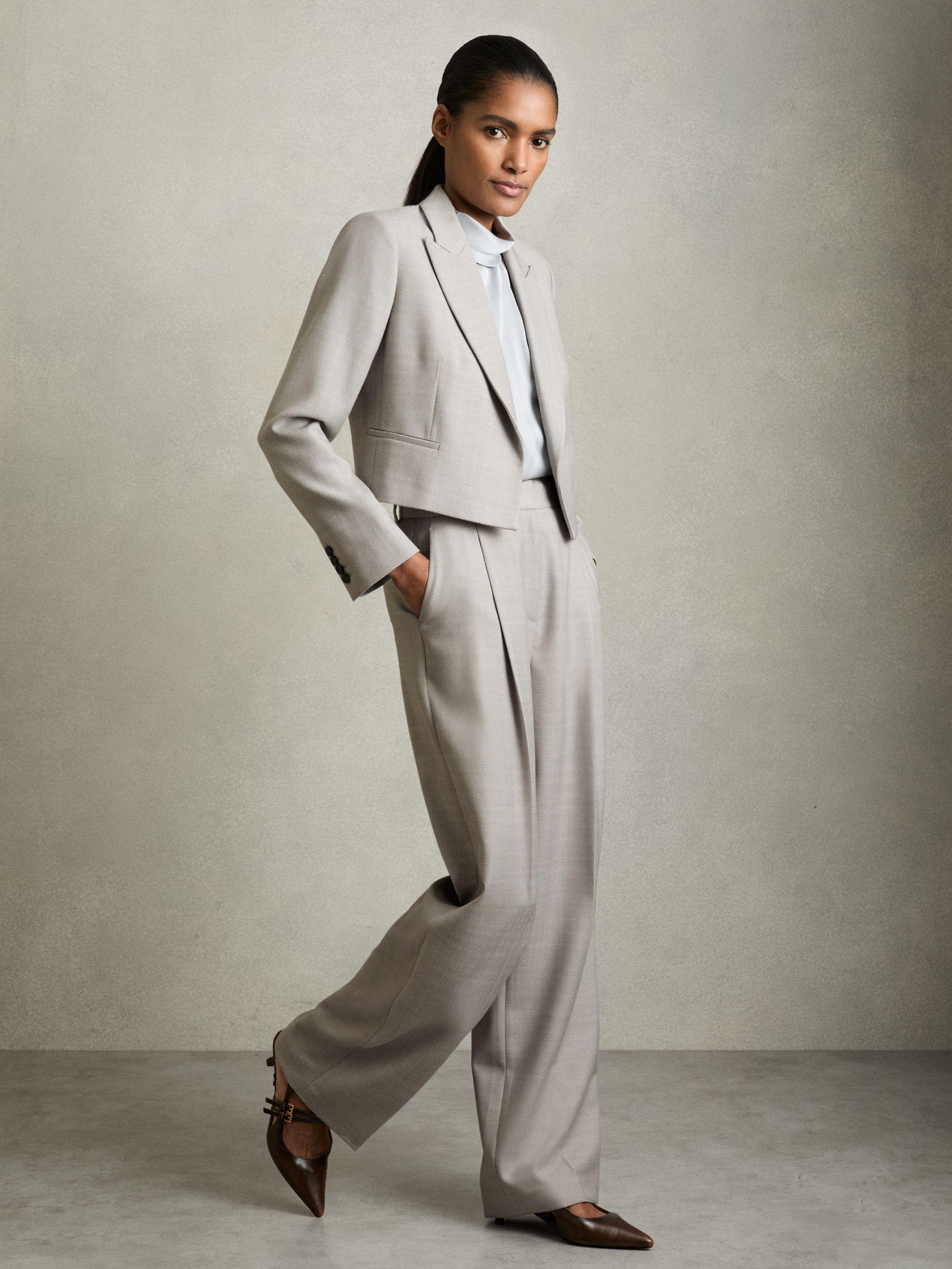 Double-Breasted Cropped Wool-Blend Blazer in Grey Product Image