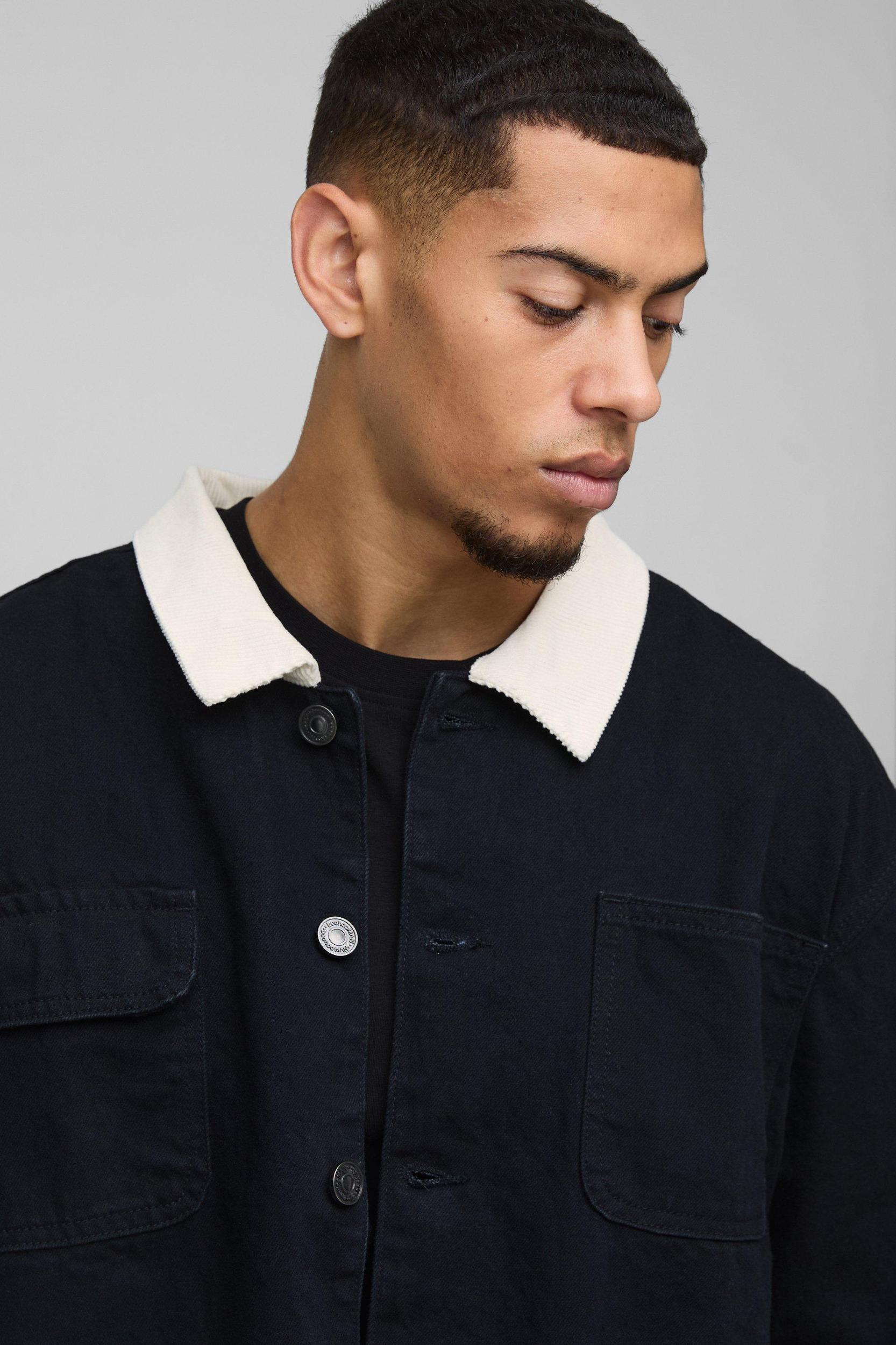 Regular Cord Collar Jean Jacket | boohooMAN USA Product Image