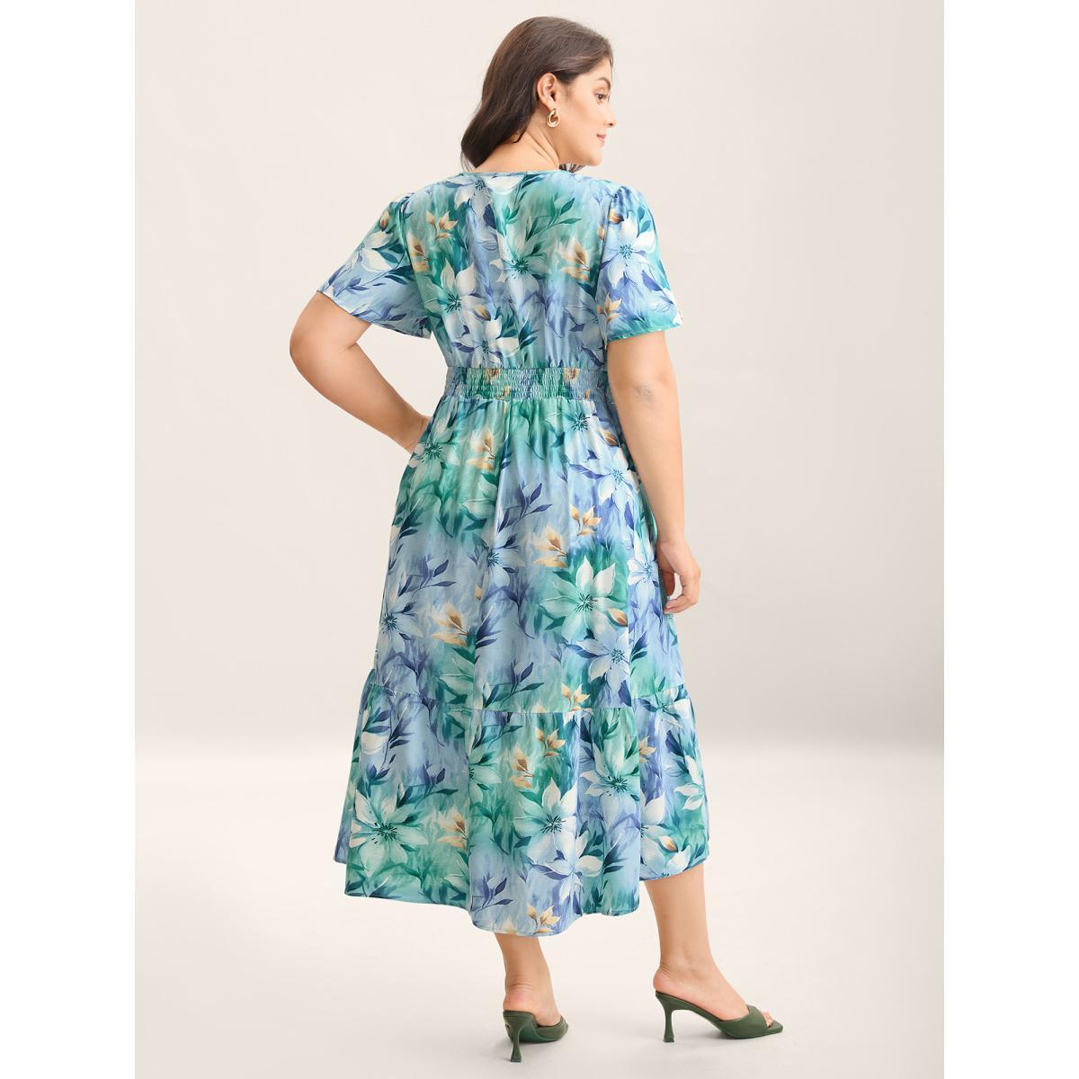 Plus Size Floral Print High Low Hem Midi Dress LightBlue Women Overlap Collar Short sleeve Curvy BloomChic 26/4X Product Image