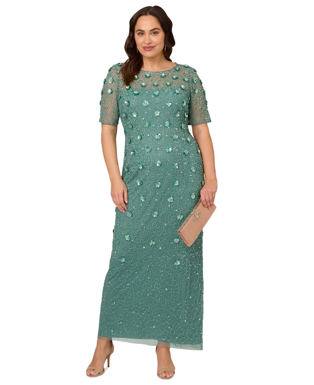 Adrianna Papell Floral Beaded Mesh Round Neck Short Sleeve Gown Product Image