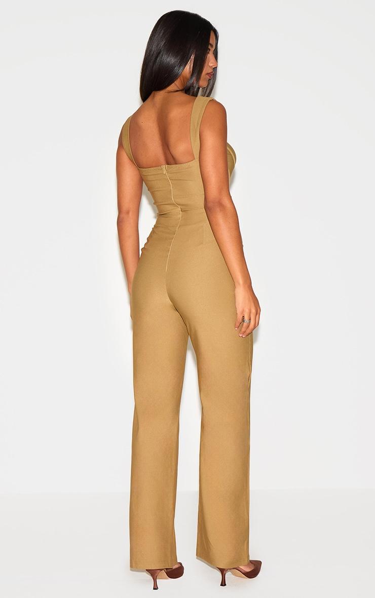 Khaki Woven Corset Binding Strappy Straight Leg Jumpsuit Product Image