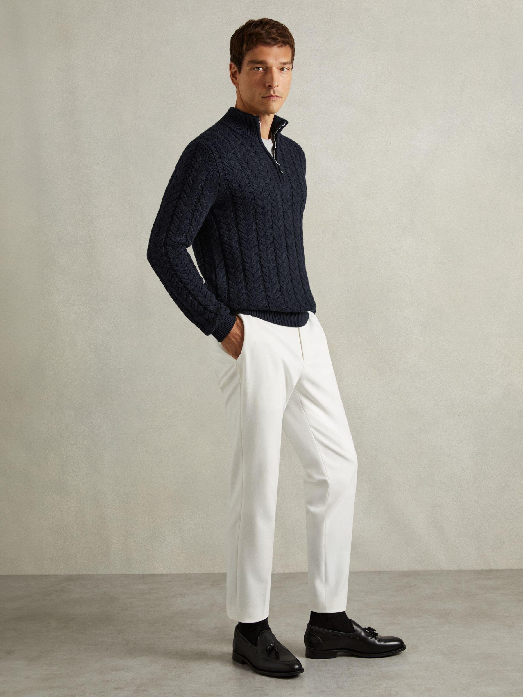 Cabled Zip-Neck Jumper with Cotton and Wool in Navy Product Image