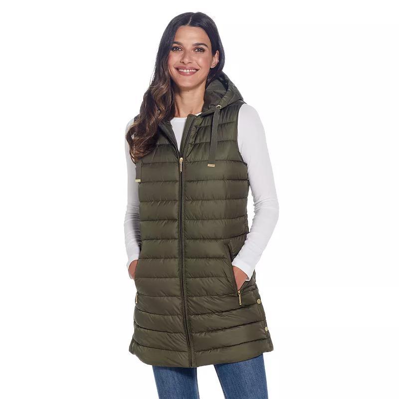 Womens Weathercast Hooded Quilted Long Vest Dusty Green Product Image