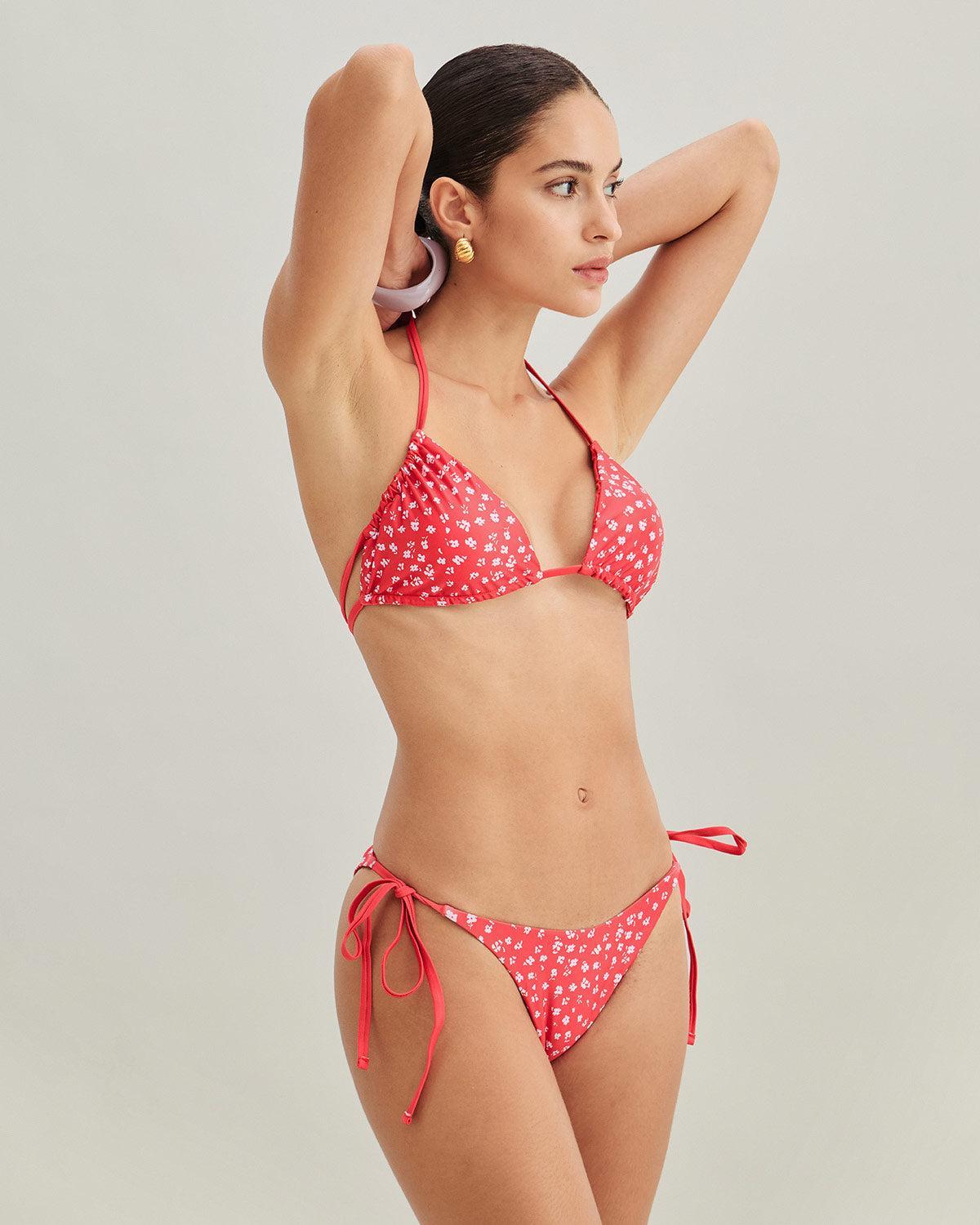 Red Floral Drawstring Triangle Bikini Set Product Image