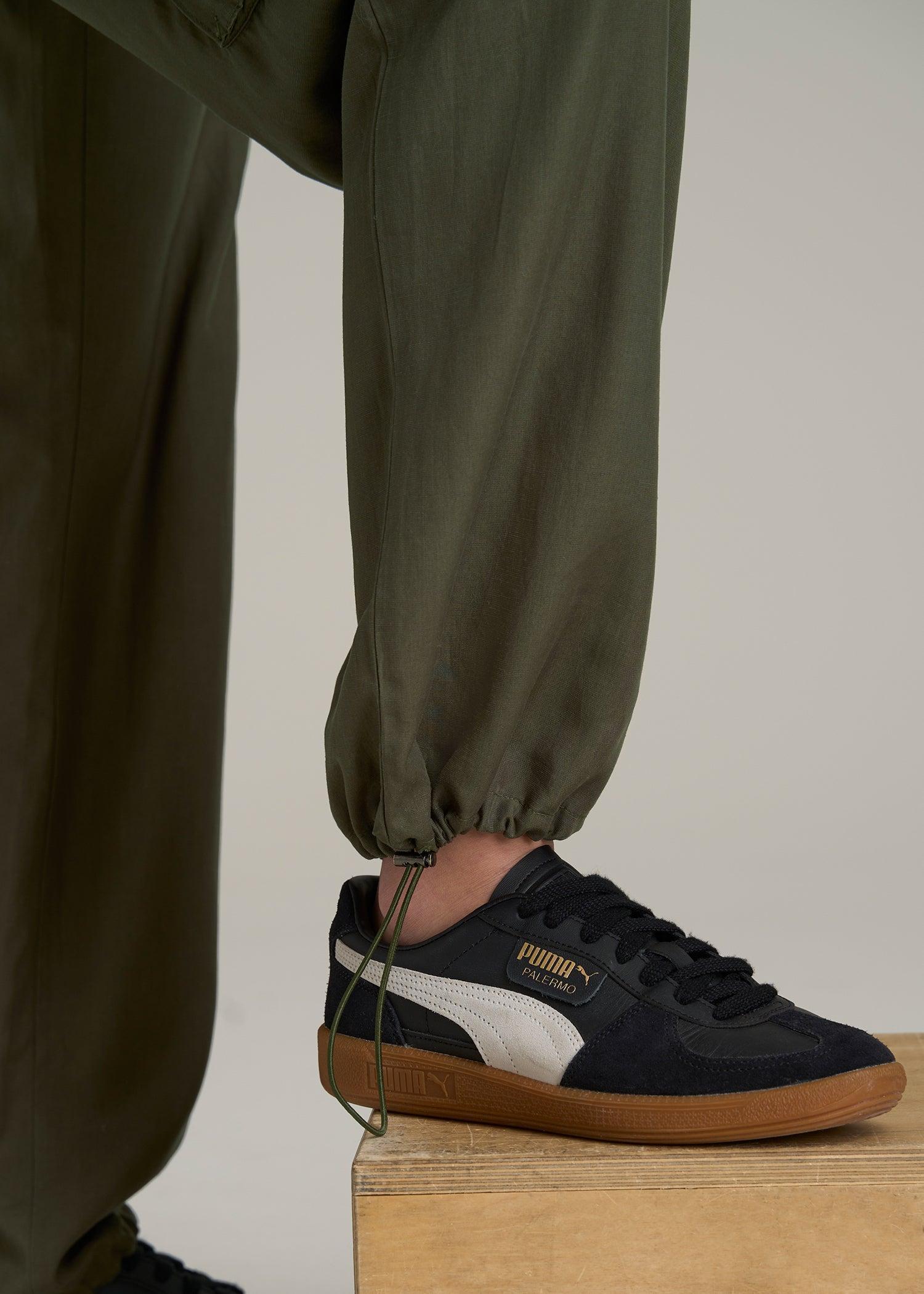 High Rise Cargo Parachute Pants for Tall Women in Forest Night Female Product Image