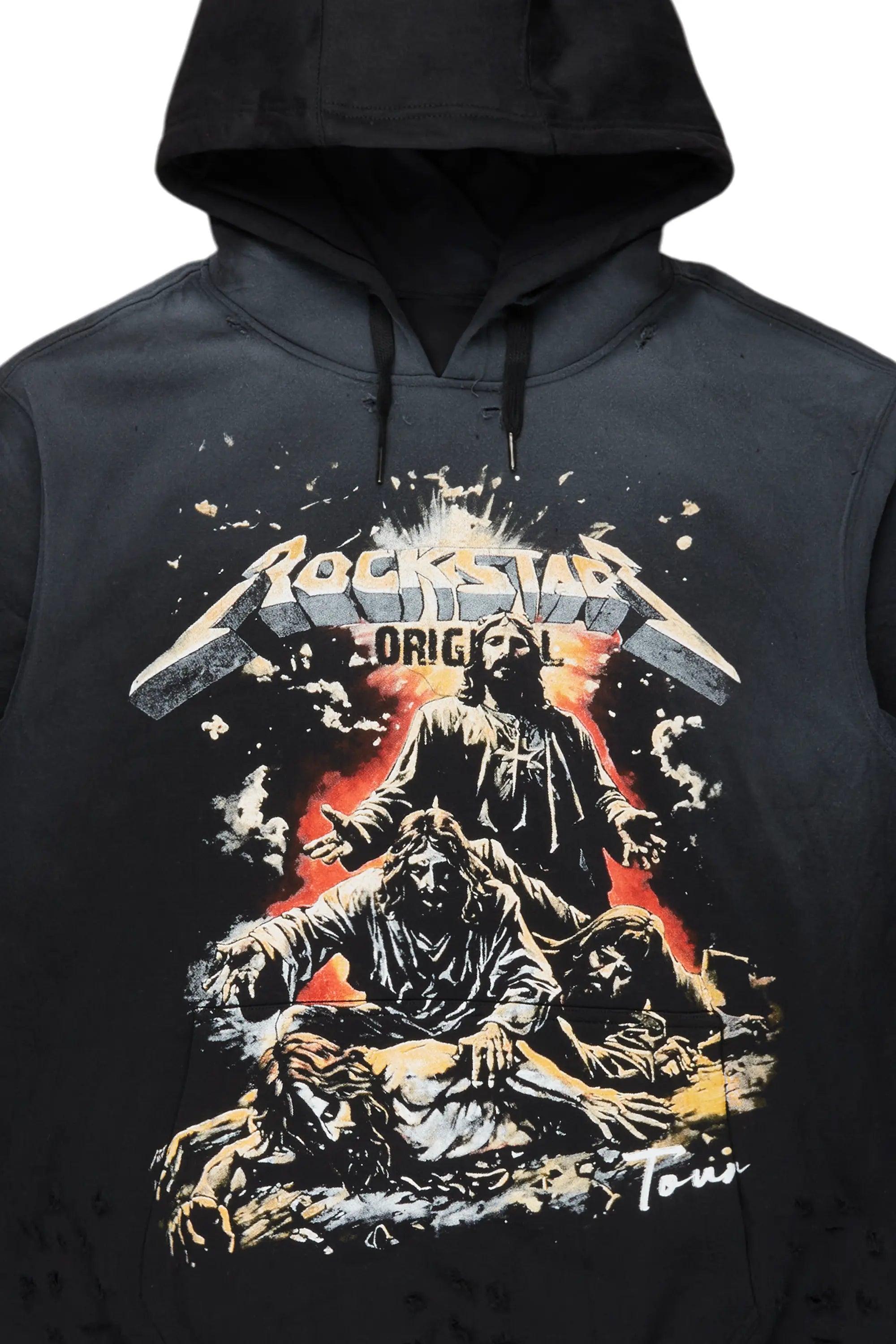 Akando Black Graphic Distressed Hoodie Male Product Image