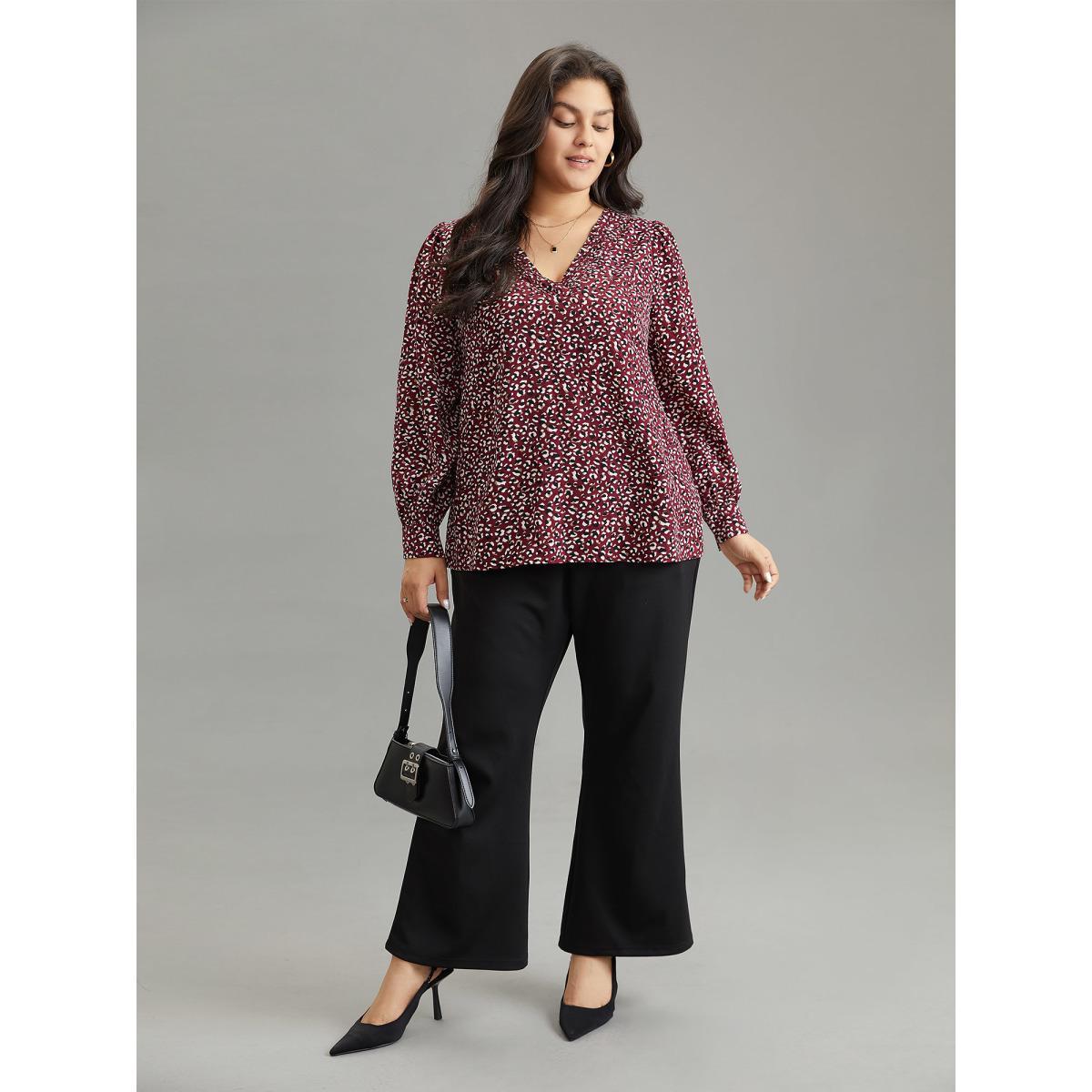 Plus Size Burgundy Allover Print V Neck Pleated Blouse Women Office Long Sleeve V-neck Office Blouses BloomChic 12/L Product Image