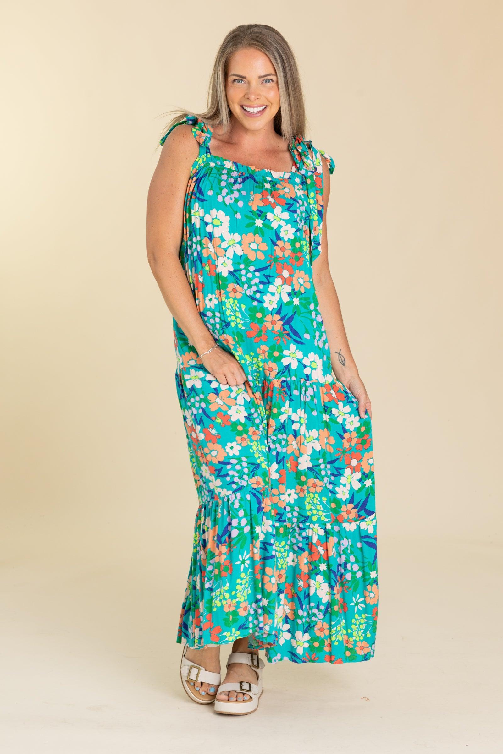 Teal Multicolor Floral Print Maxi Dress Product Image