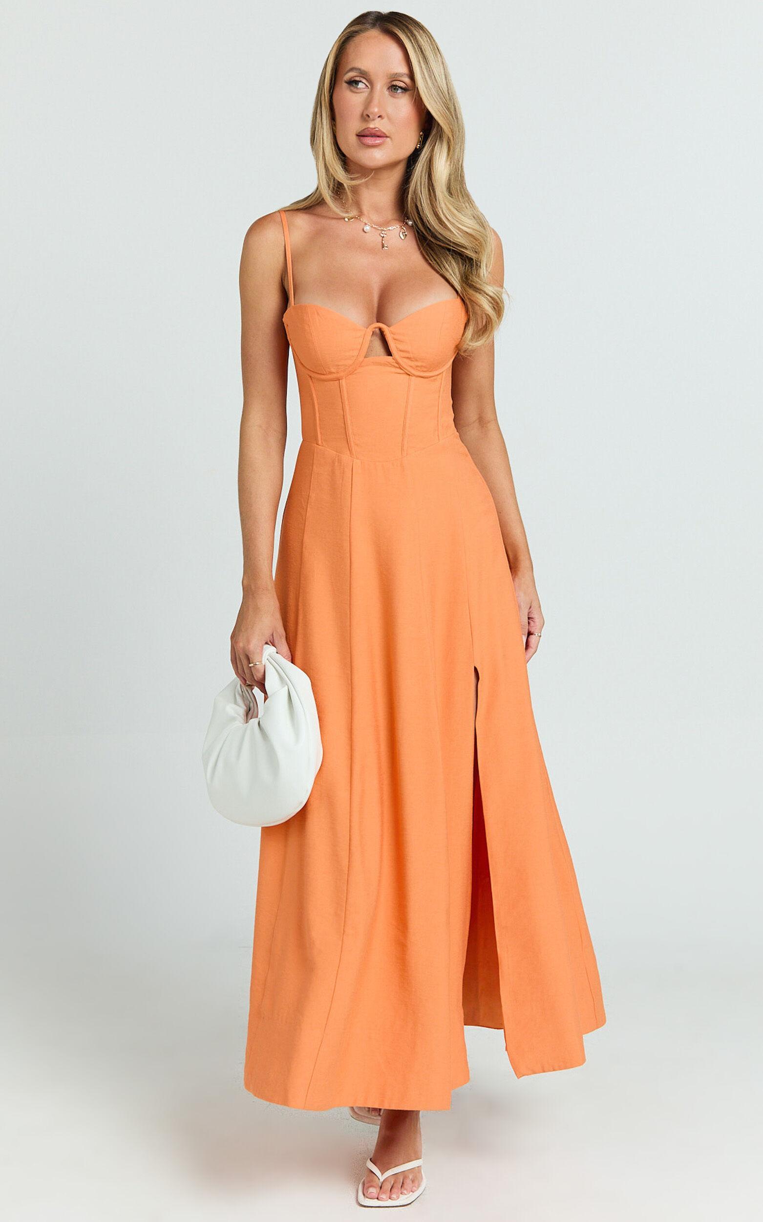 Amalie The Label - Ray Corset Panel Tie Back Midi Linen Blend Dress in Orange Product Image