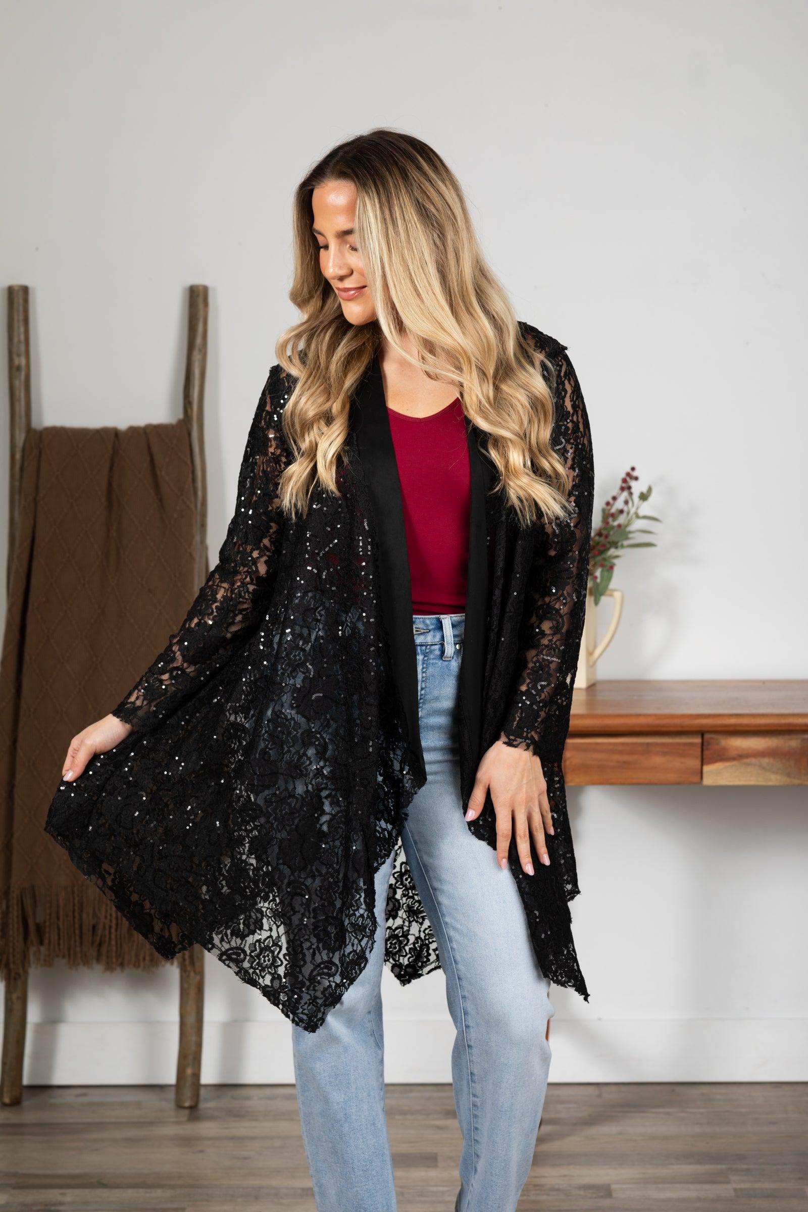 Black Sequins Lace Open Cardigan Product Image