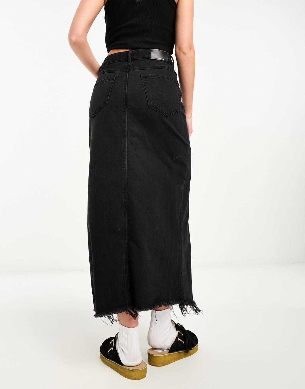 Stradivarius button through denim midi skirt in black  Product Image