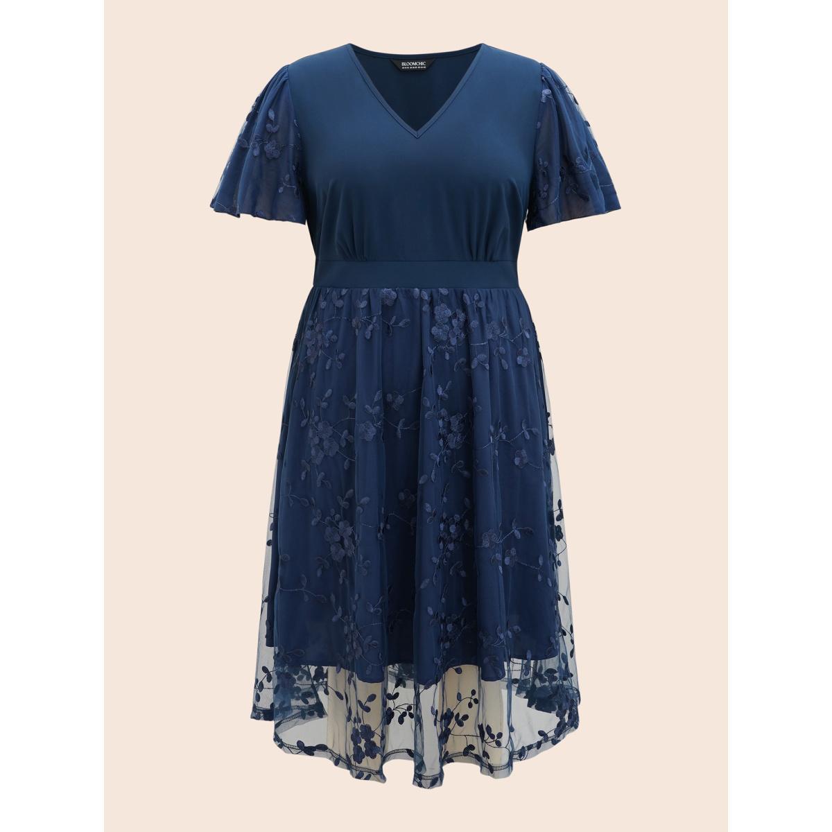Plus Size Floral Embroidered Mesh Patchwork Midi Dress Indigo Women Formal Texture V-neck Short sleeve Curvy BloomChic 22-24/3X Product Image