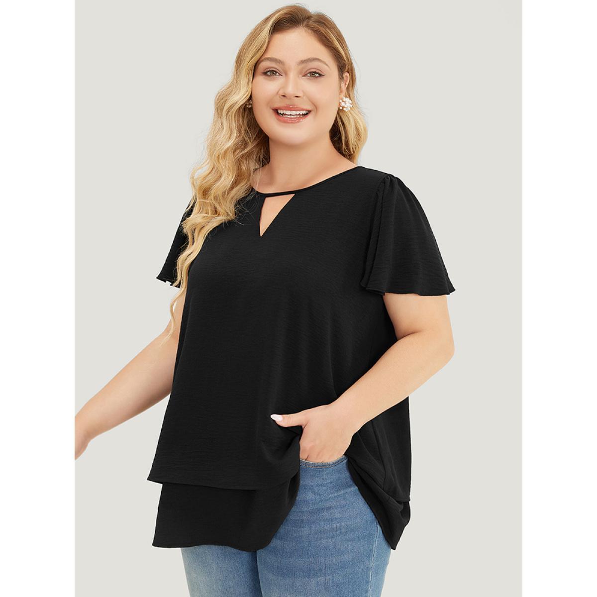 Plus Size Black Solid Flutter Sleeve Keyhole Layered Hem Blouse Women Office Short sleeve V-neck Work Blouses BloomChic 14-16/1X Product Image