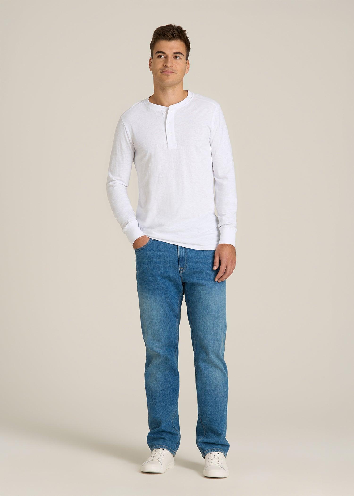 Three-Button Long Sleeve Slub Henley for Tall Men in White Male Product Image