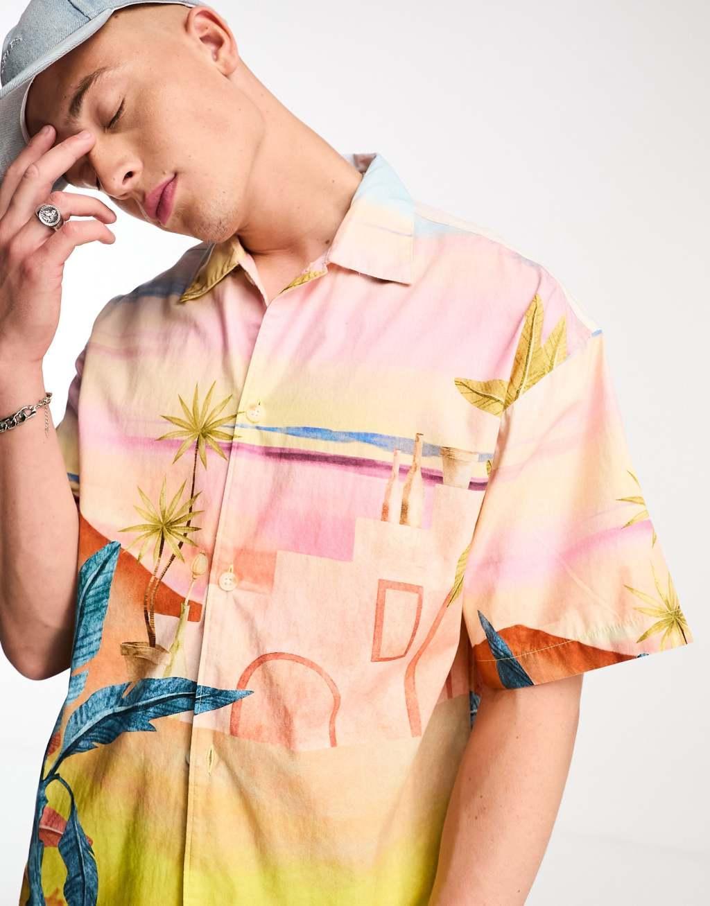 Jack & Jones Originals oversized revere collar shirt with scenic beach print  Product Image