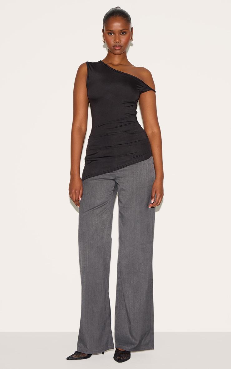 Black Ruched Detail Asymmetric Slinky Long Top Product Image