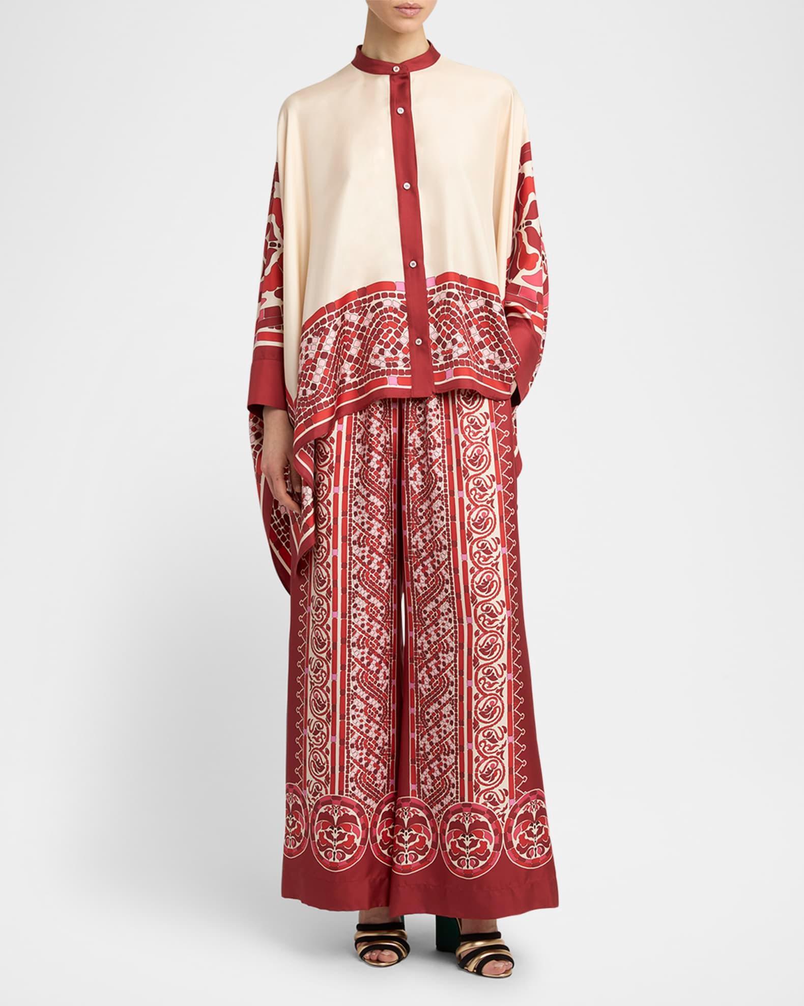 Tile-Print Silk Wide-Leg Pull-On Palazzo Pants Product Image