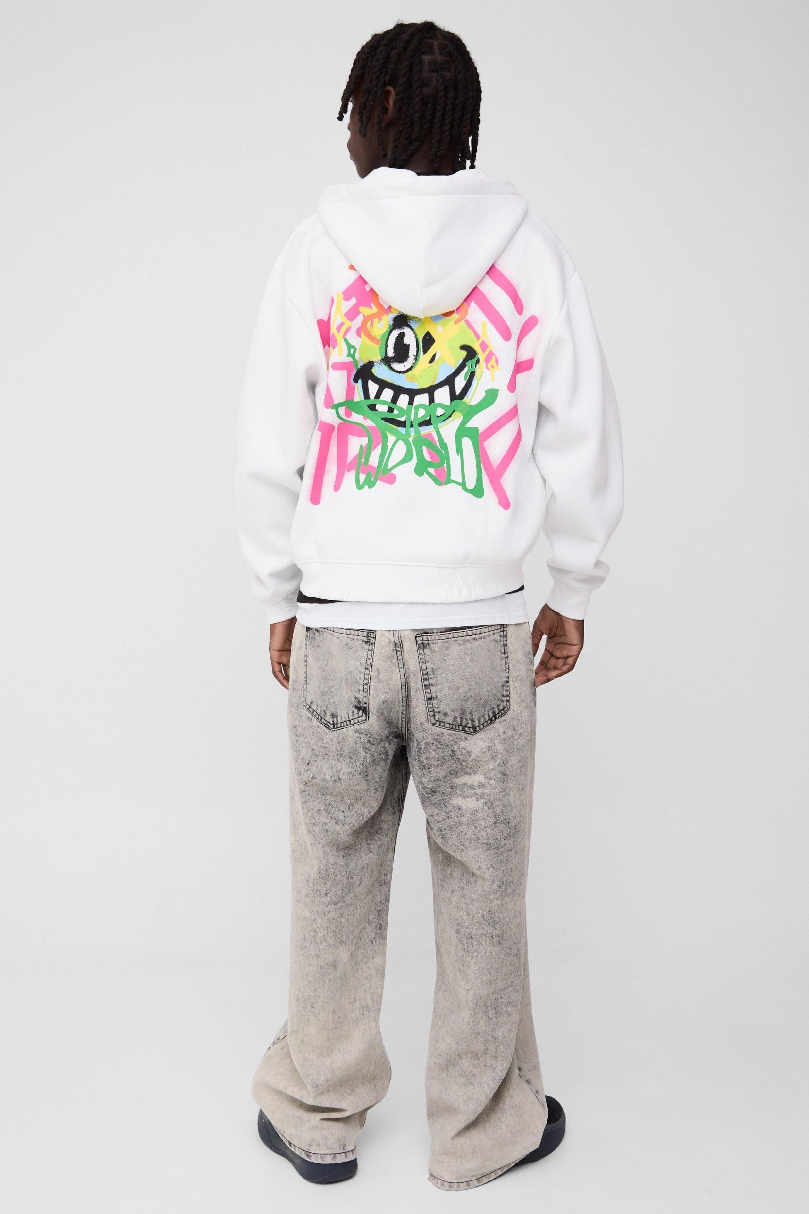 Oversized Boxy Doodle Zip Through Graphic Puff Print Hoodie | boohooMAN USA Product Image