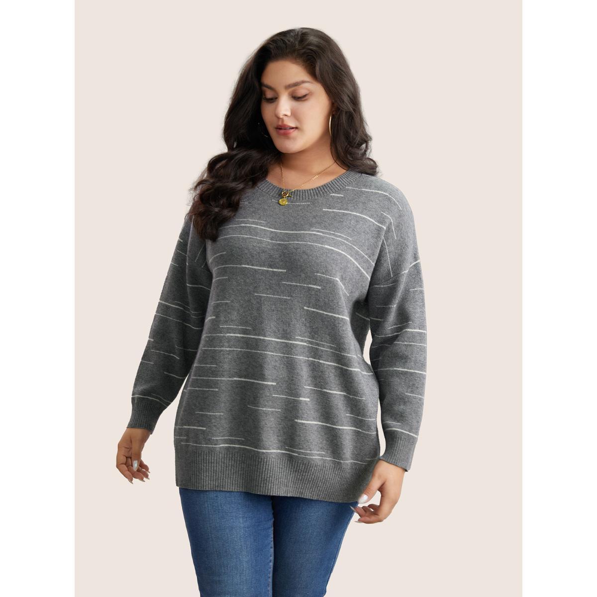 Plus Size Supersoft Essentials Asymmetrical Striped Round Neck Pullover Gray Women Casual Long Sleeve Round Neck Everyday Pullovers BloomChic 28/5X Product Image