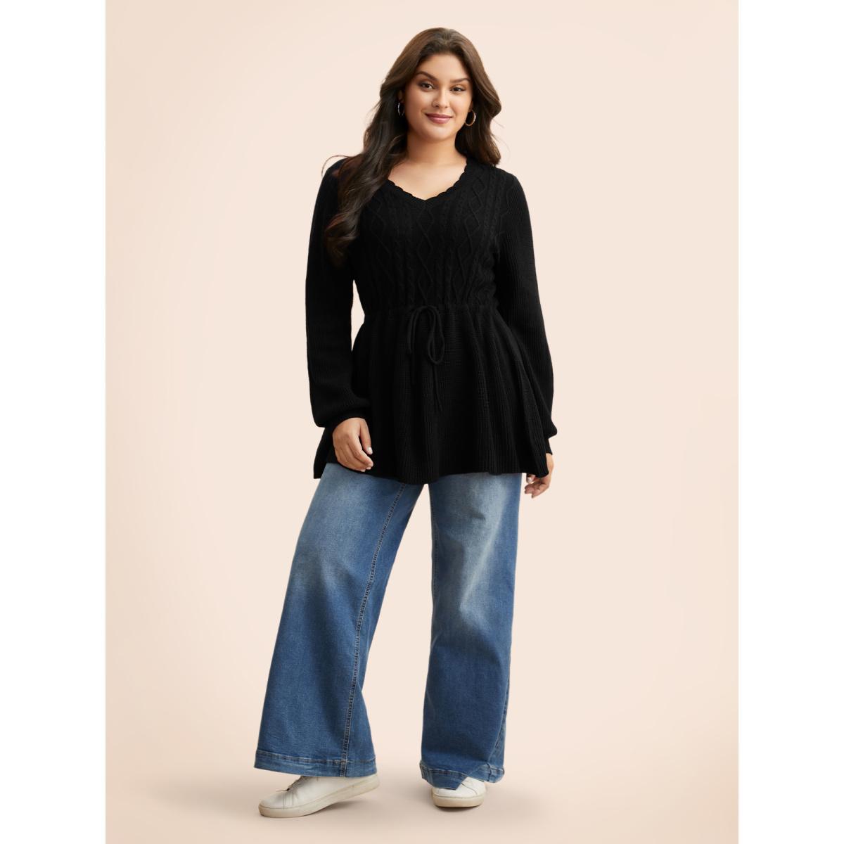 Plus Size V Neck Cable Knit Drawstring Pullover Black Women Casual Long Sleeve V-neck Everyday Pullovers BloomChic 30/6X Product Image