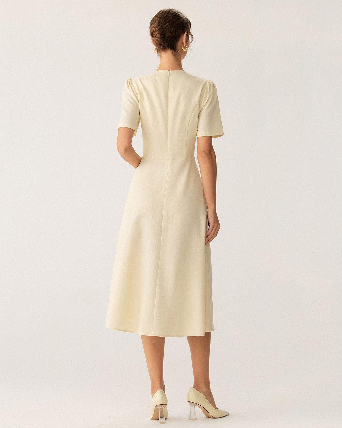 Beige Puffed Sleeve Button Midi Dress Product Image