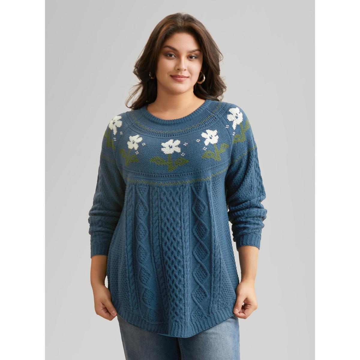 Plus Size Floral Jacquard Raglan Sleeve Pullover Cerulean Women Leisure Long Sleeve Round Neck Casual Pullovers BloomChic 26/4X Product Image
