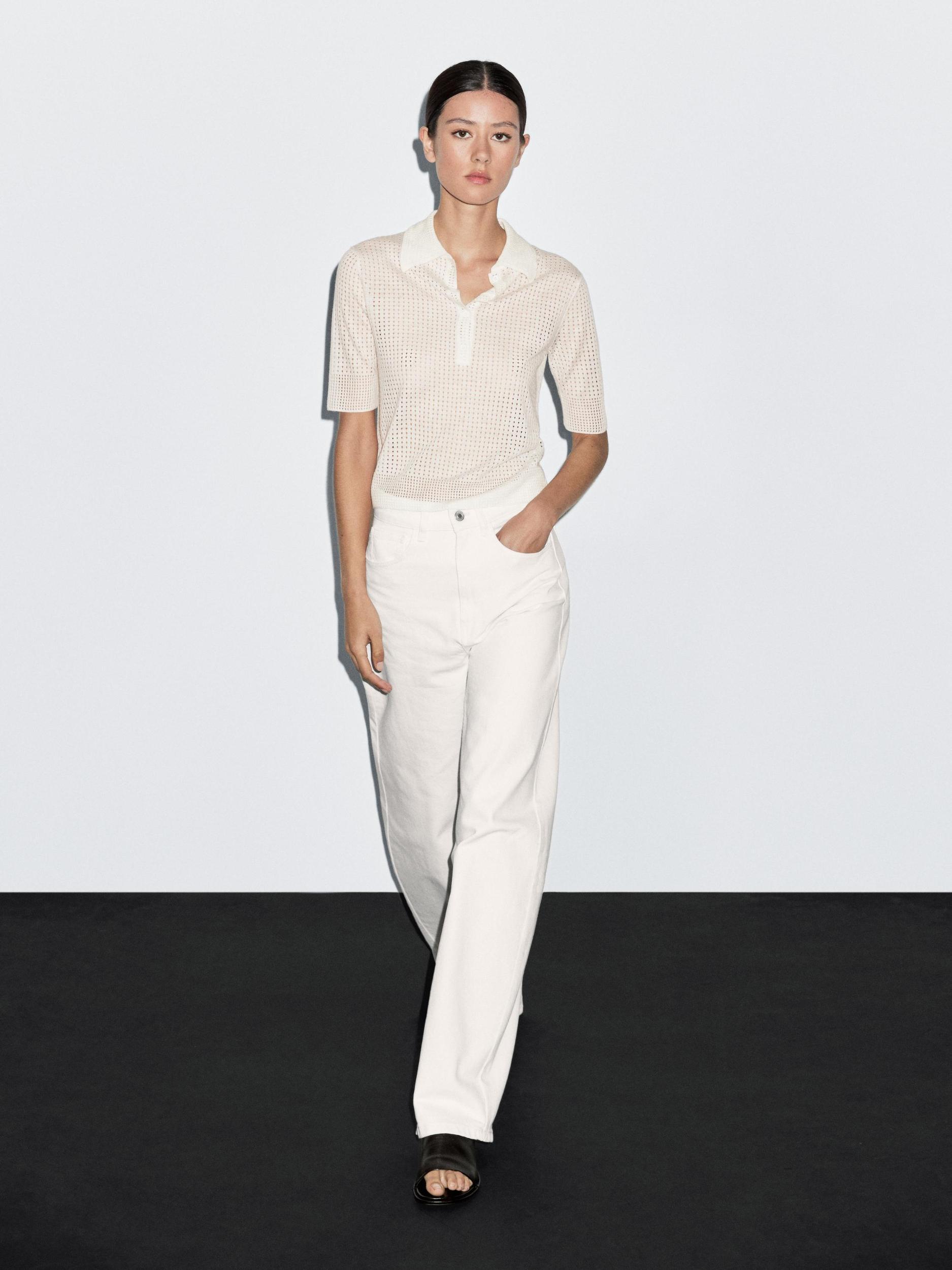 Open knit sweater with polo collar Product Image